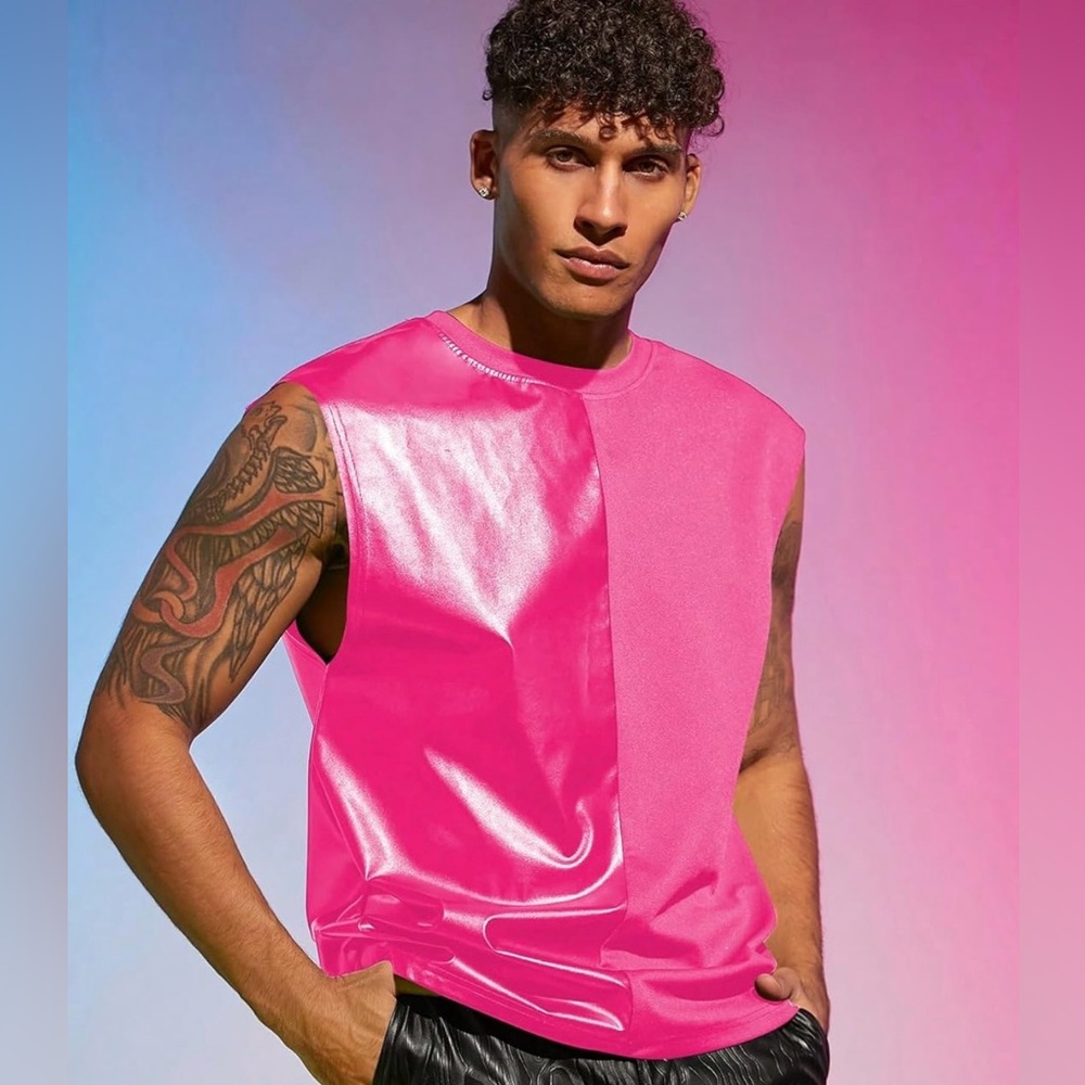 Wdirara men’s size XS tank top shirt faux leather neon hot pink colorblock new